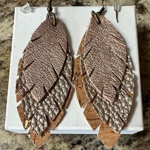 Layered Feather Leather Dangle Earrings in Rose Gold, Metallic, Cork
